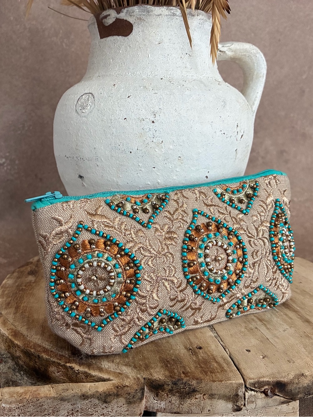 Embroidered Copper Toned and Turquoise Color Beaded Zipper Cosmetic Pouch
